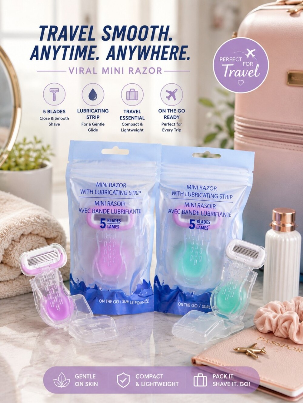 NWT TRAVEL ESSENTIAL VIRAL 5- BLADE ON-THE-GO MINI RAZOR 2x